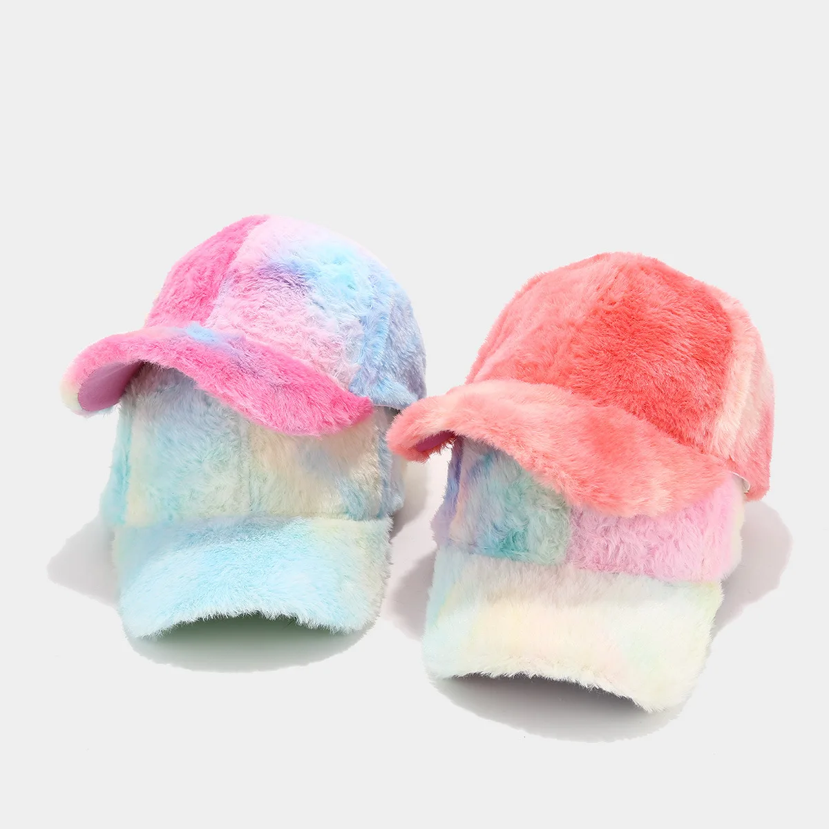 new designer women faux fur winter hats wholesale fashion rainbow color tie-dyed polyester 6-panel baseball cap custom