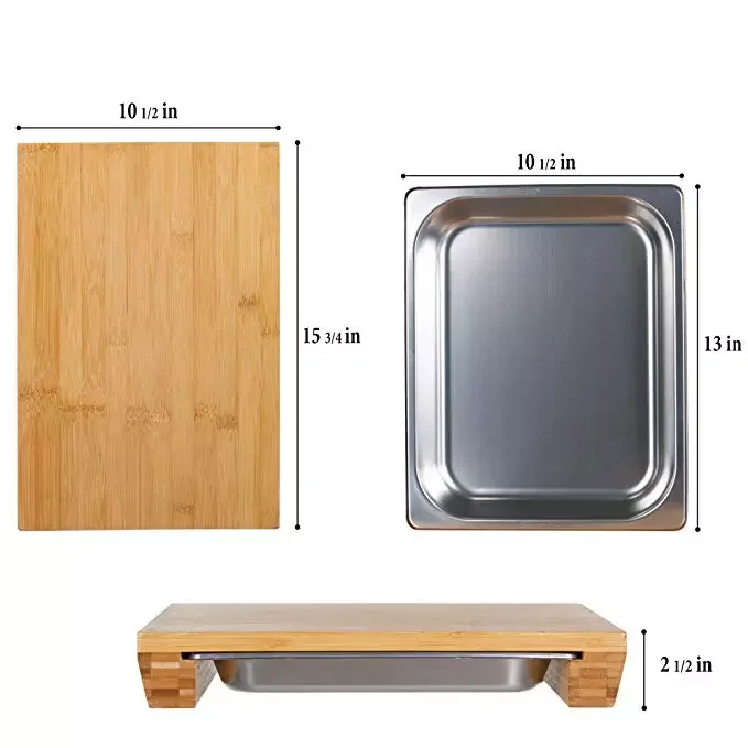 
Large kitchen natural bamboo food cutting serving chopping board with sliding stainless steel container trays drawer 