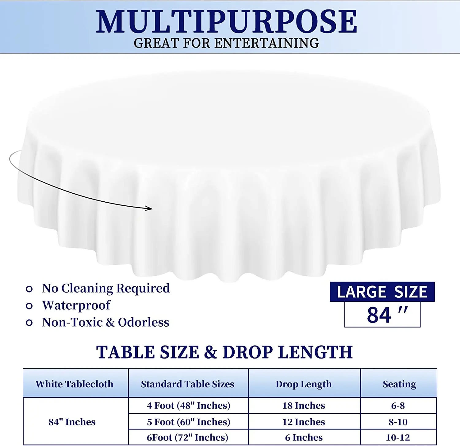 Custom Disposable Round Plain White Thick Opaque Table Cover Cloth Blue Runway Dining Wedding Birthday Party Plastic Tablecloth