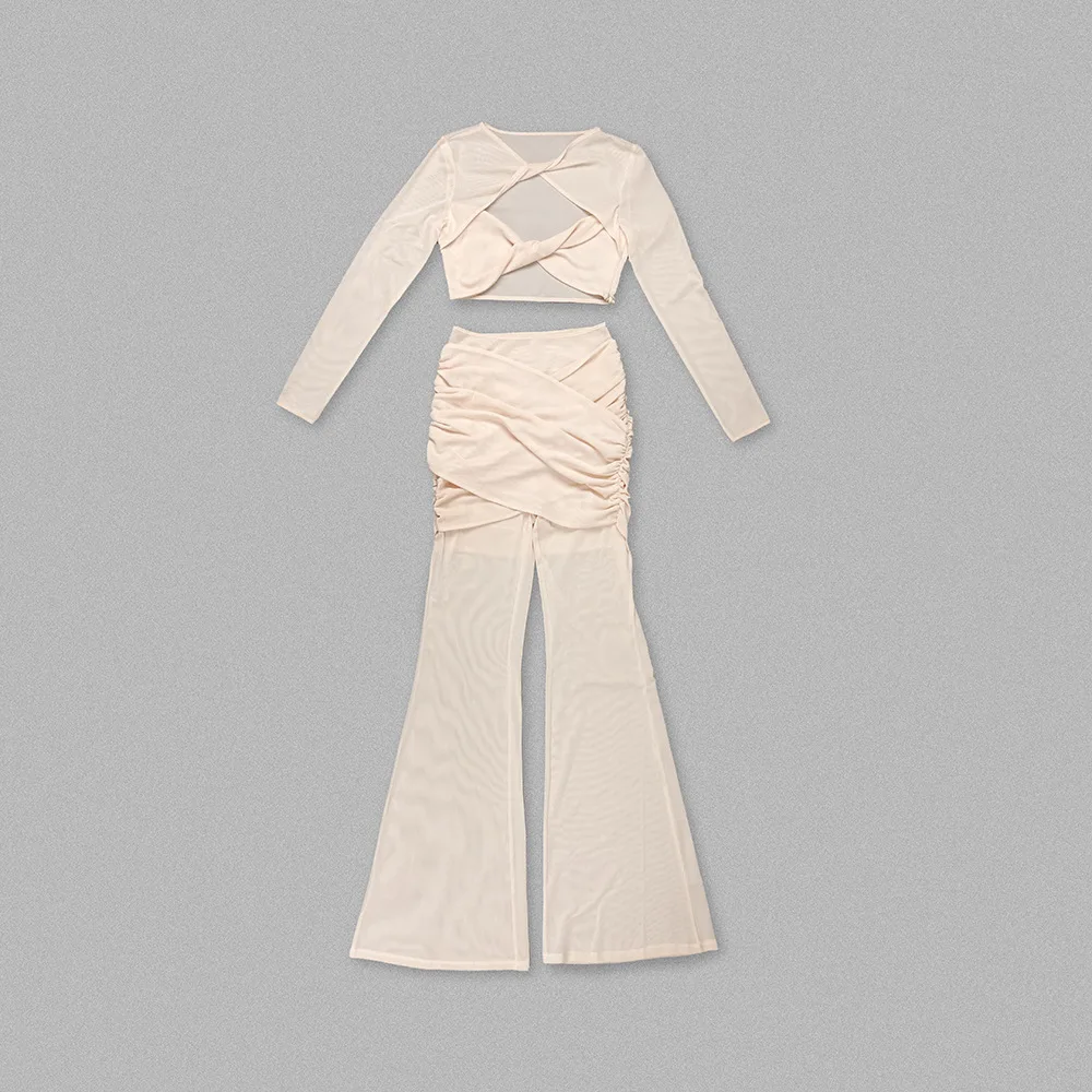 A8706 Hot Selling Beige Black Women Two Piece Suits Cutout Tops Sexy Ladies Two Pieces Suits
