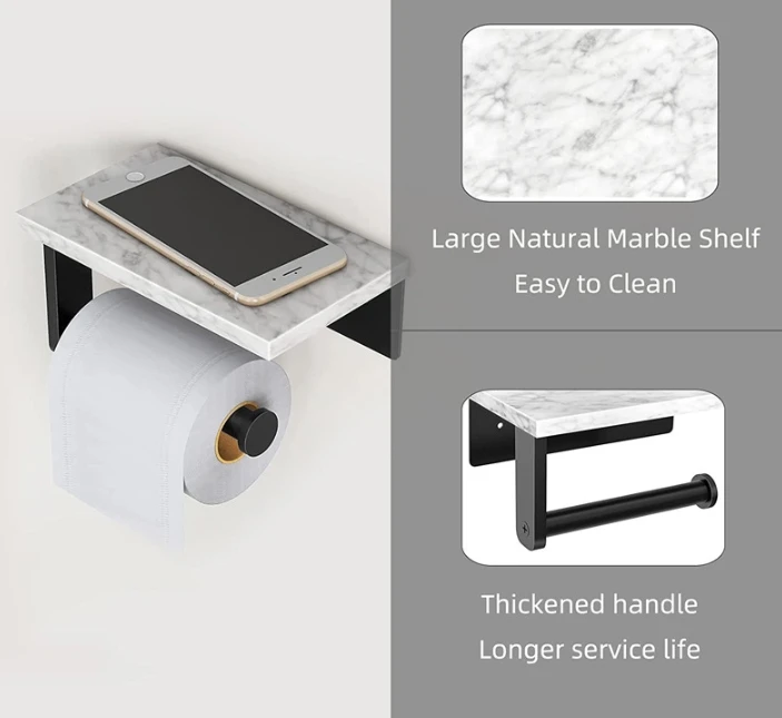 Marble Shelf Wall Mounted Natural Marble Tissue Paper Roll Holder Black Roll Stainless Steel Toilet Paper Holder