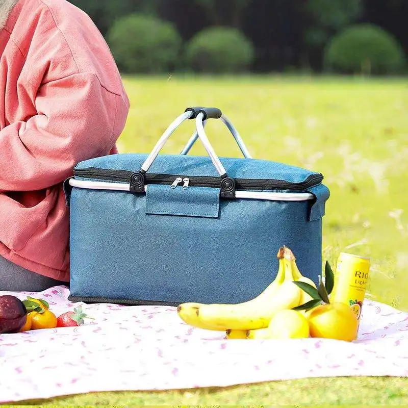 Picnic basket Oxford cloth solid color insulation basket Thickened aluminum film lunch bag insulation bag outdoor picnic ice bag