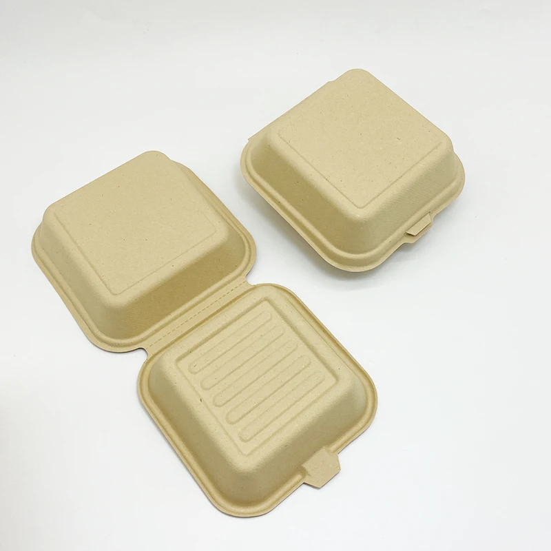 Bamboo fiber Bagasse  6 Inch Clamshell Take Away food Container to go box Burger Hamburger Box Biodegradable Food Packaging