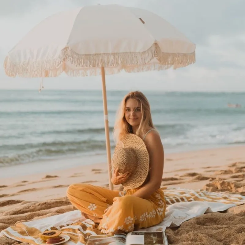 outdoor colorful windproof sea beach umbrella with sand pocket, Good quality recycled tassel sand sun parasol 6ft 7ft 8ft