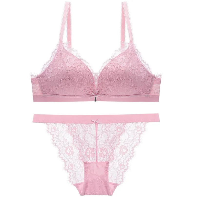 
Gathered no steel ring bra set thin section new ladies sexy lace underwear wholesale bra and pants 