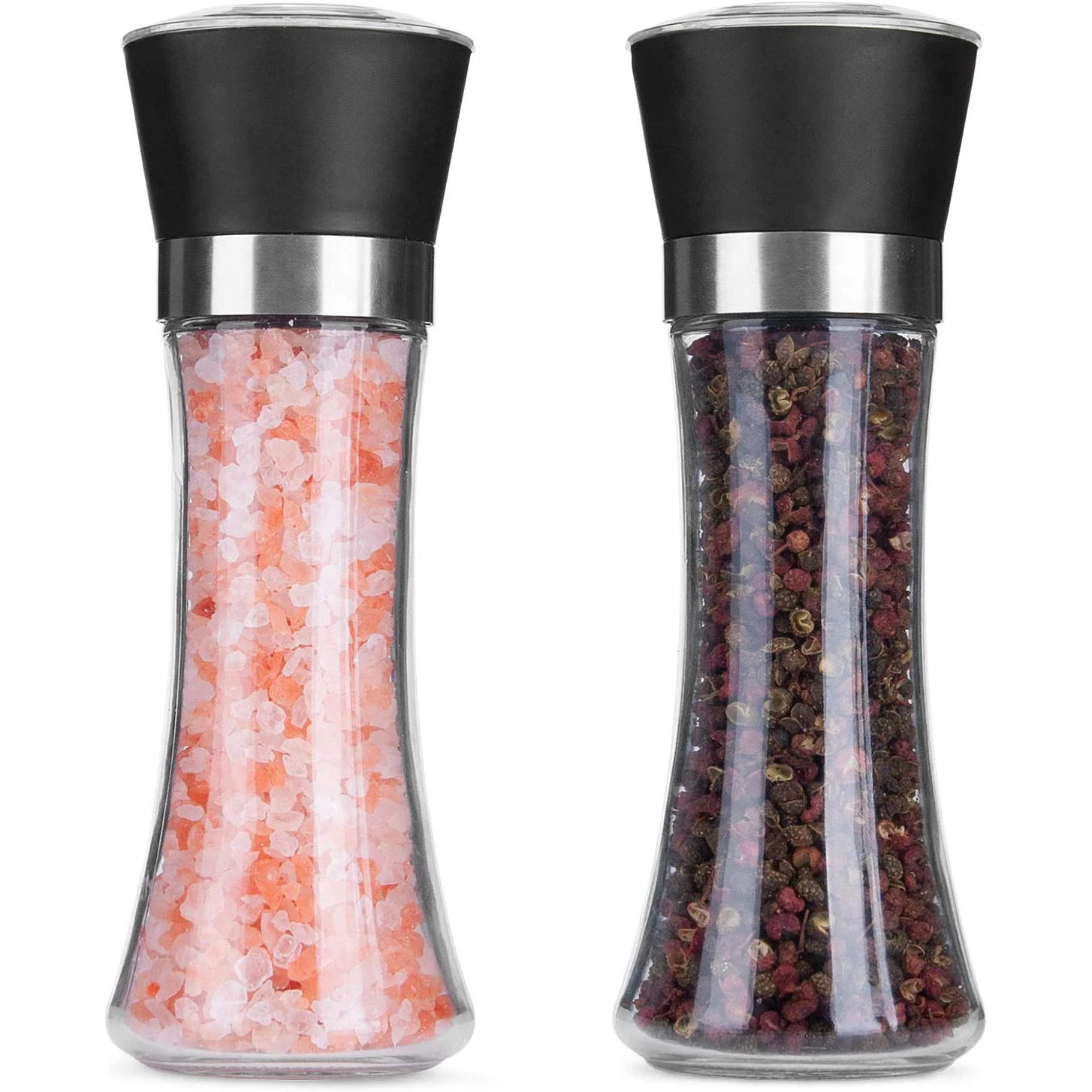 Premium Pepper and Salt Grinder Set of 2 Refillable Coarseness Adjustable Pepper Mill Shaker with Glass Body Two Pack