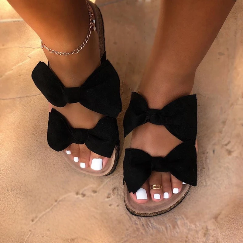 Женские сандалии с бантом-бабочкой, уличные тапочки с леопардовым принтом, симпатичные туфли без застежек на плоской подошве, лето 2020