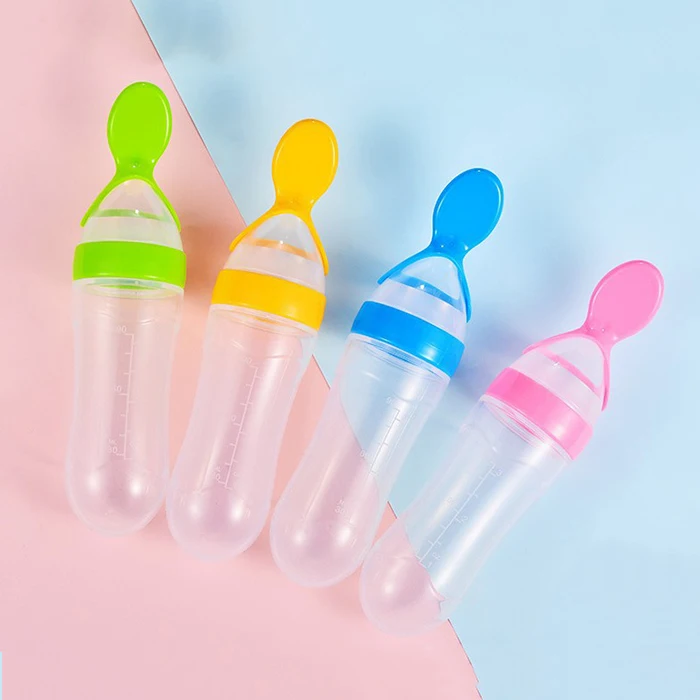Silicone Baby Feeding Bottle With Spoon Food Supplement Rice Cereal Bottle Baby Squeeze Spoon Silica Gel Spoon