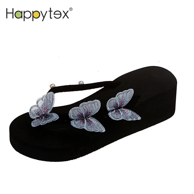 Ladies Hot Sale Wedge Heels Soft Thick Sole Butterfly Large Size Flip Flops Slides Slippers for Women Summer Beach Outdoor