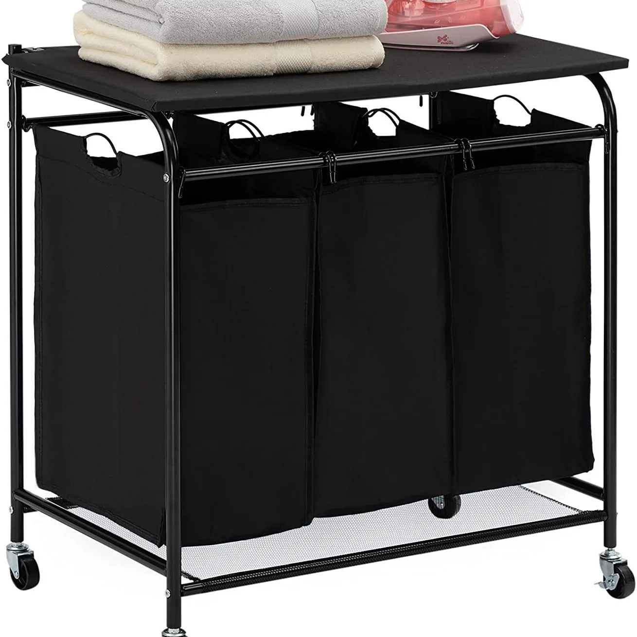 Mobile Three Compartment Metal Dirty Clothes Cart with Wheels Includes Ironing Board for Efficient Laundry Management