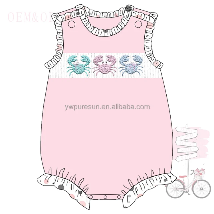 Hot sale boutique design beach clothing crab smocked French Knot siblings set children wear wholesale baby clothes