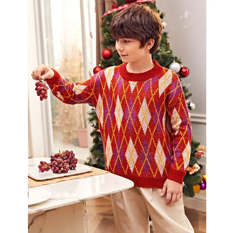 
Boys Christmas Drop Shoulder Argyle Pattern Funny Custom Fleece Sweaters Pullovers 