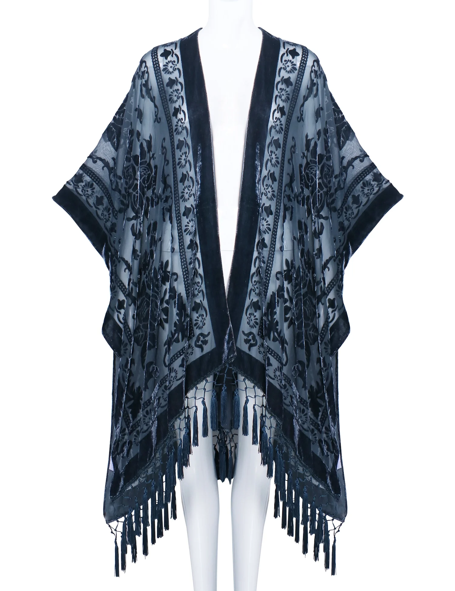 Velvet Burn out Devore Fringed Tassel Trim Opera Kimono Jacket Various Colours Green now in stock One Size