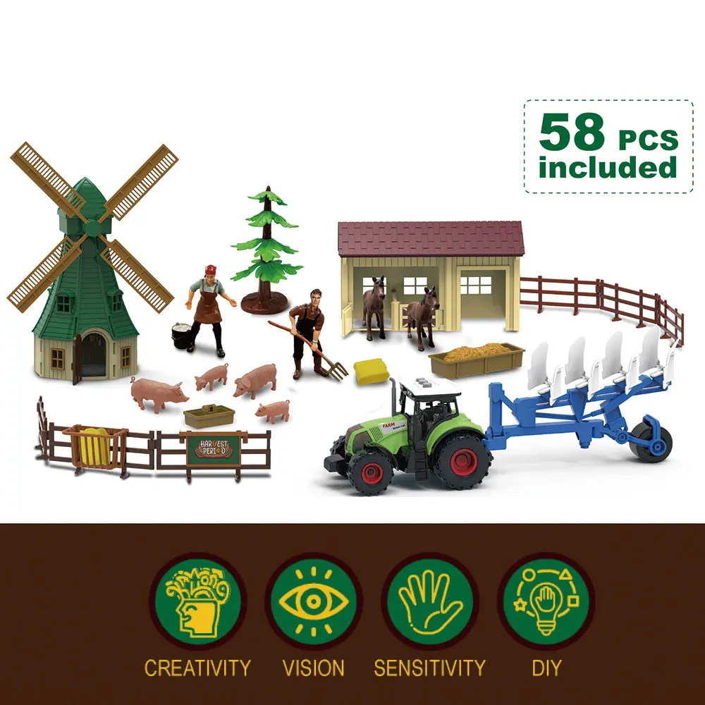 58pcs Children theme play set plastic pig model farm diy toy with farmer and slidng harvester tractor