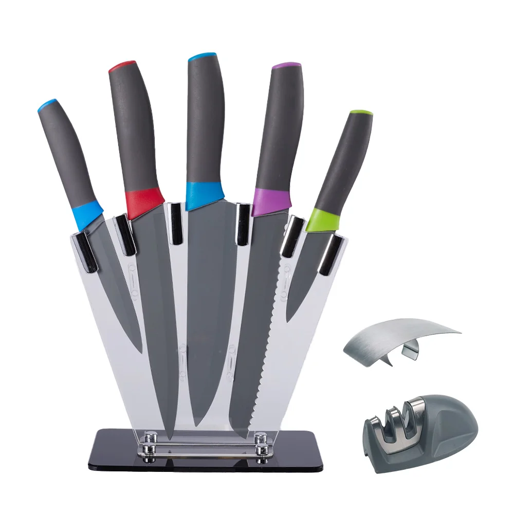 Wholesale US Warehouse Free Shipping Stainless Steel 6 Pcs Kitchen Knives Set With Knife Holder And Sharpener set of knives