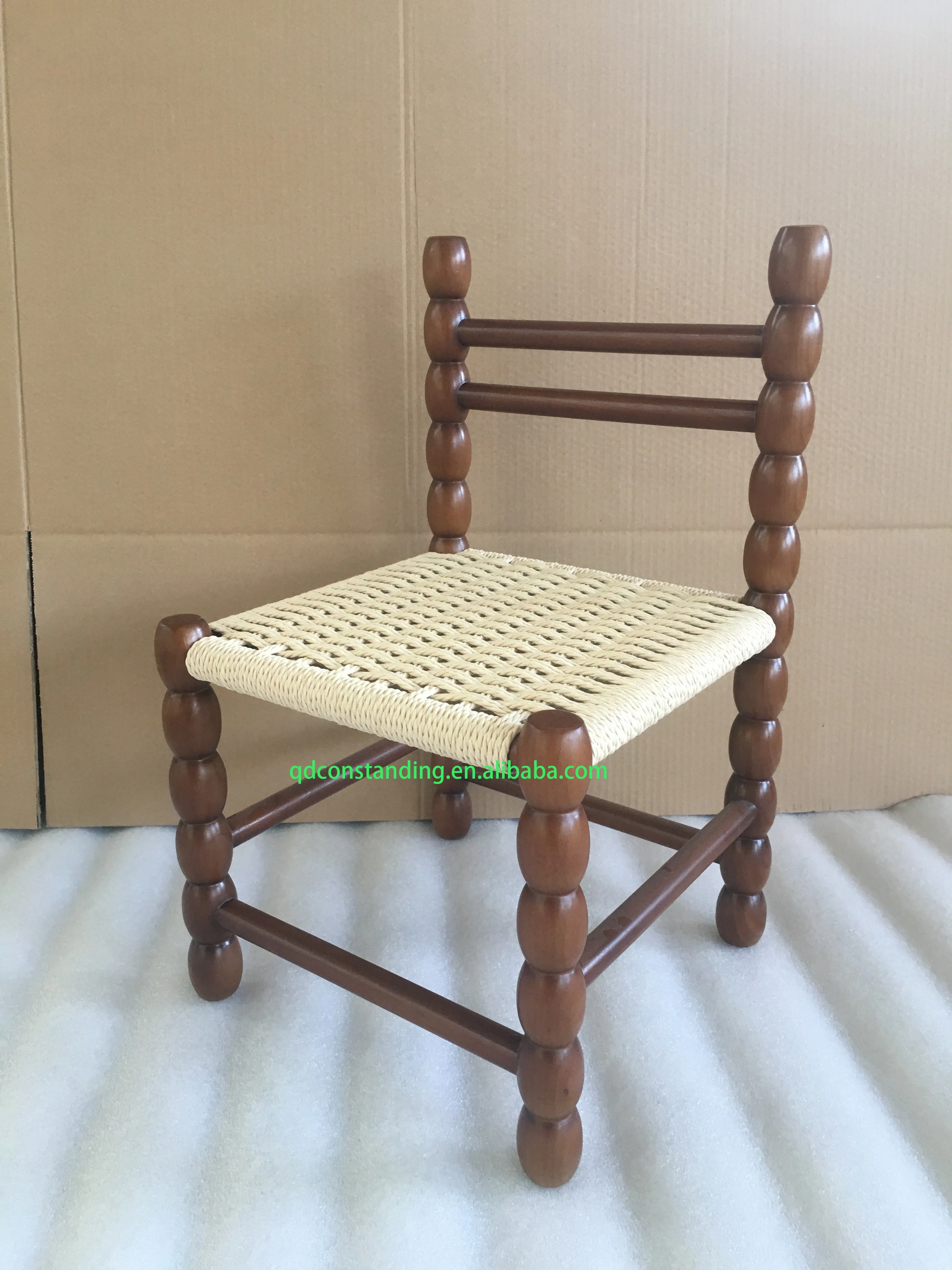 Children High Back Small Portable Modern Wooden Paper Cord Woven Seat Kids Stool