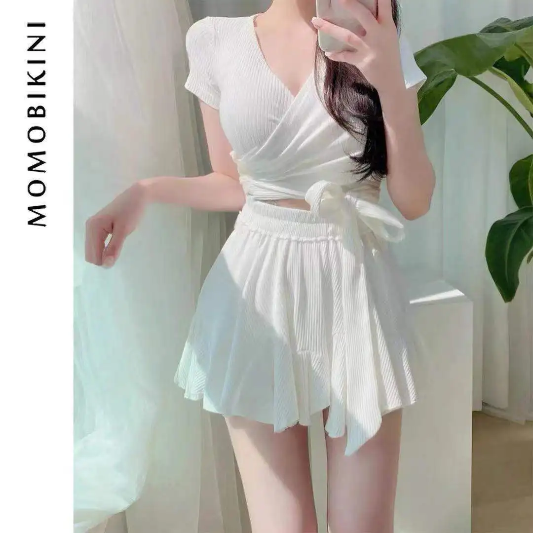 2024 New White Color Popular Swimwear Dress Conservative Cover Belly Thin Split Skirt Hot Spring Swimming Suit Swimwear Clothes