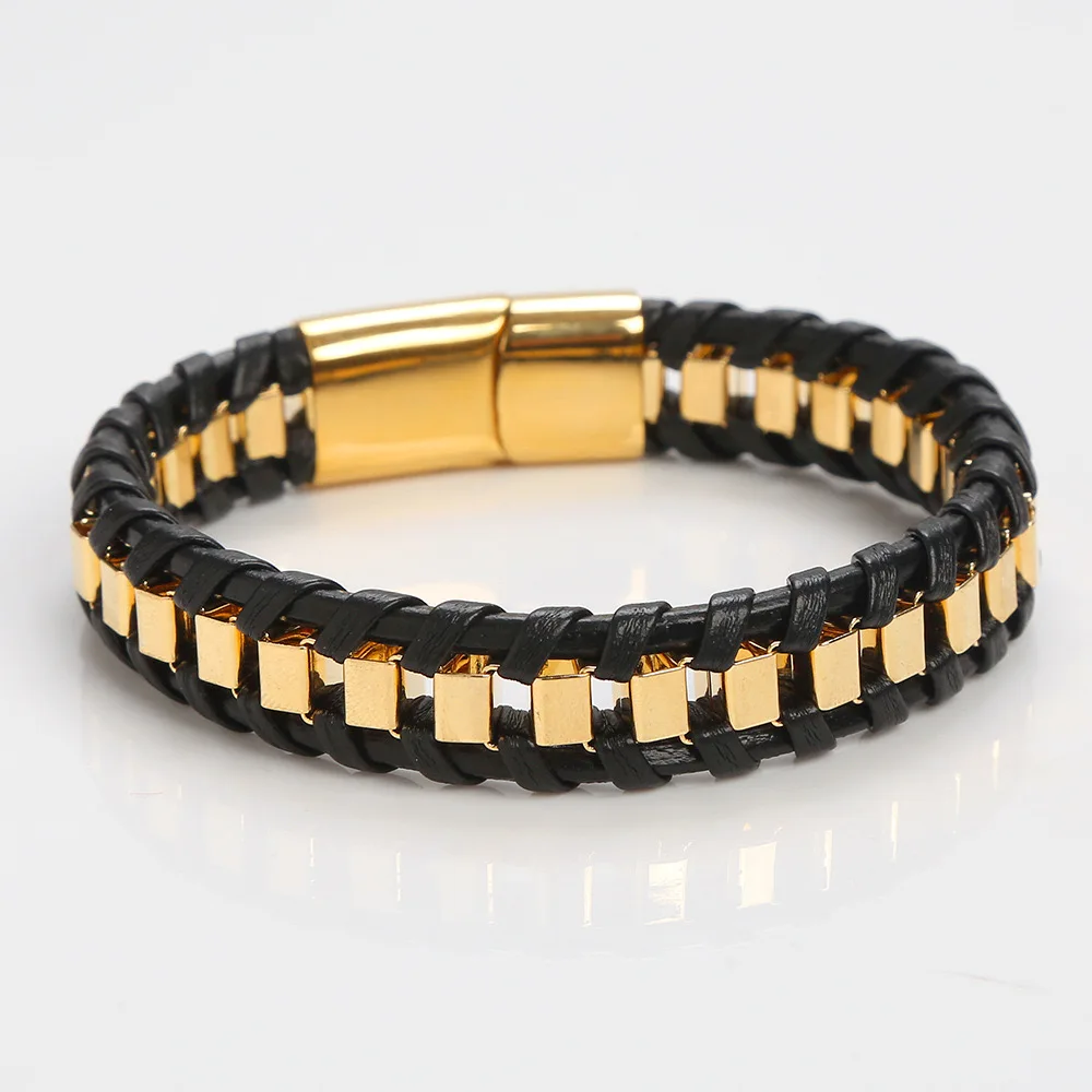 Free samples Wholesale Custom Magnetic Stainless Steel Clasp In Black Premium Genuine Leather Bracelet For Men