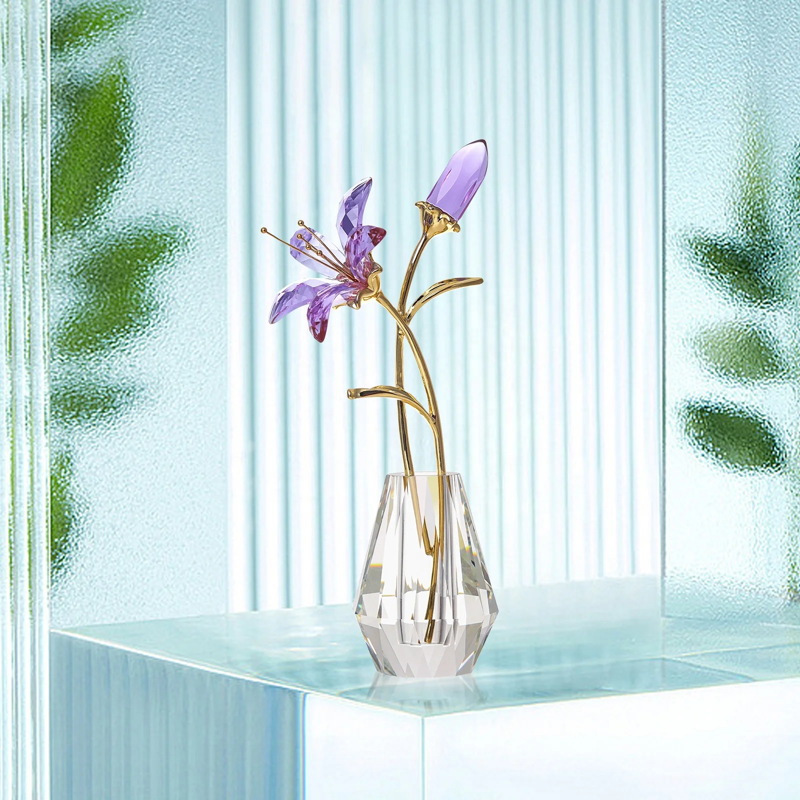 LONGWIN Crystal Artifical Lily Flowers with Crystal Vase - AB coating Crystal Collectible Figurines Gift  for Mothers Day