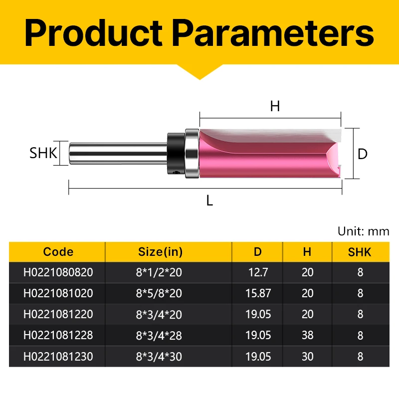 HUHAO 8mm Profile Trimming Cutter Straight Edge Profiling Woodworking Milling Cutter wood Engraving Machine Tool