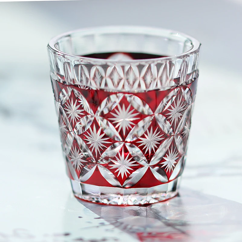 Hand Blown Hand Carved Sake Glass Japanese Style Beautiful Patterns Liquor Shot Glass Blue&Red&Purple Color Overlay Glass
