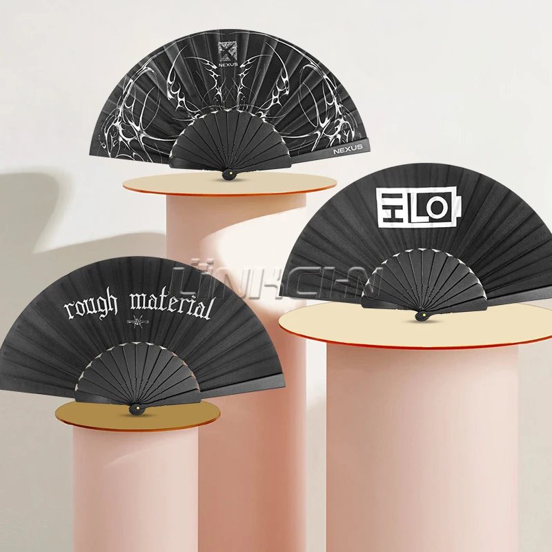 Black Plastic Folding Fabric Hand Held Fans Ribs Custom