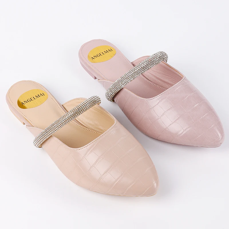 Latest Rhinestone Chain Hollow Out Mules Women Ballet Flats Half Shoes Comfortable Casual Pointy Toe Leather Slipper Close Shoes