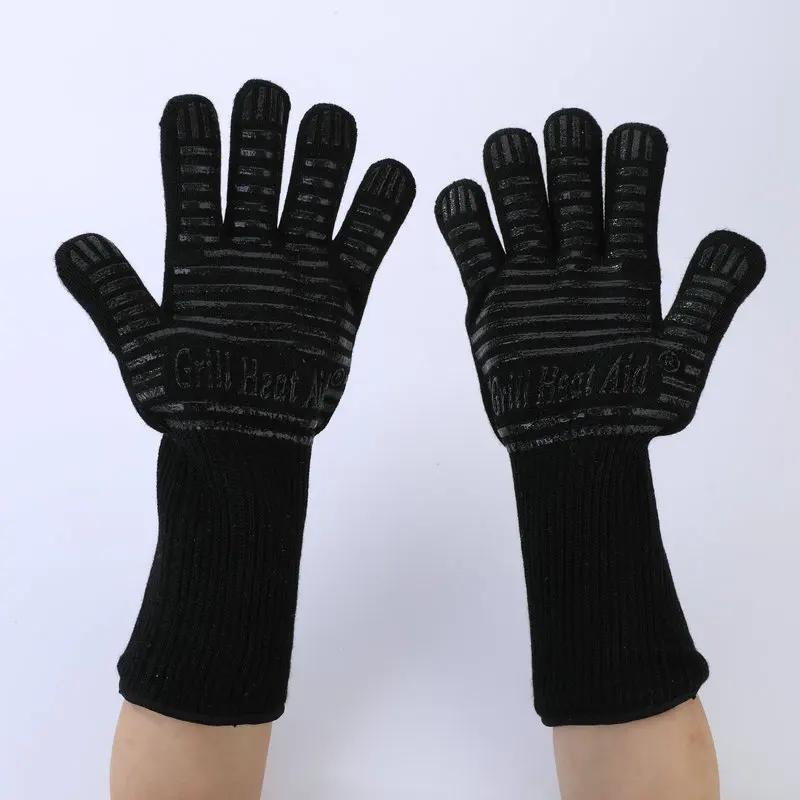 Aramid Fiber Plus Non-slip Silicone Bbq Cooking Glove 1472f Extreme Heat Resistant Black Bbq Gloves Oem