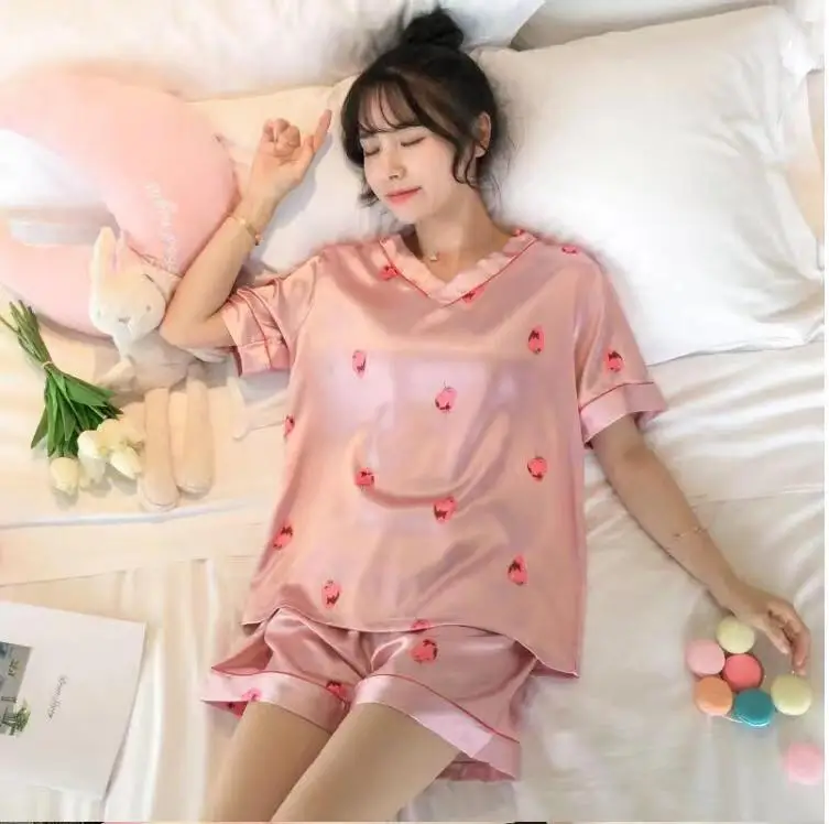 Summer Short Lady Night Suit 2 Pc Nightwear Satin Pjs Lounge Wear Sets for Women Sleep Wear Set Satin Silk Fabric Pijamas Woman