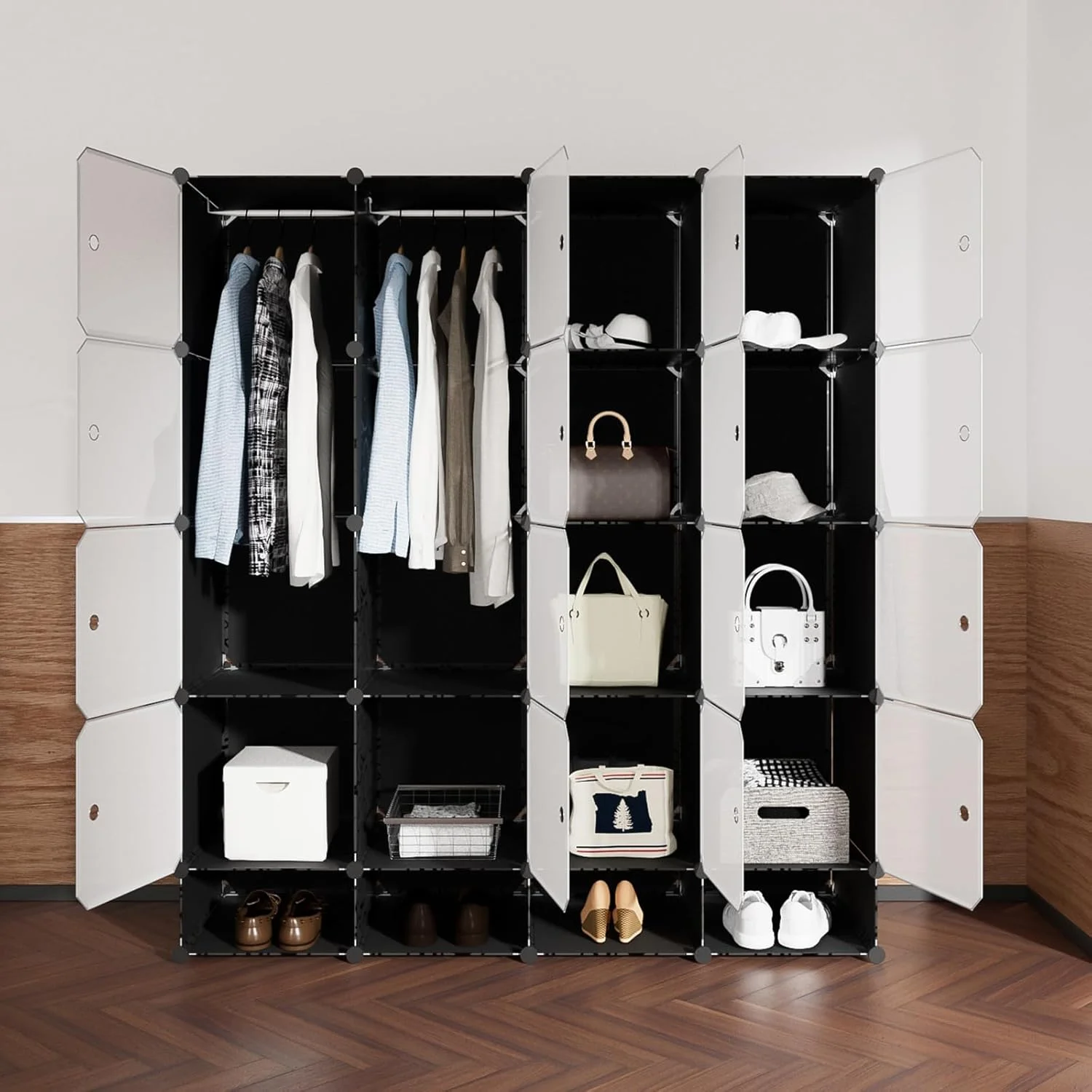 Cubes Shelf Cabinet with Bottom Shoes Shelf Clothes Storage Shelves with 2 Hanging Rods