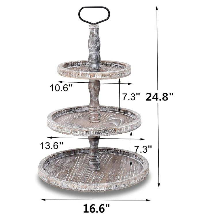 Rustic Brown 3 Tiered Round Wooden Serving Tray with Metal Handle Solid Wood Kitchen Decorative Trays