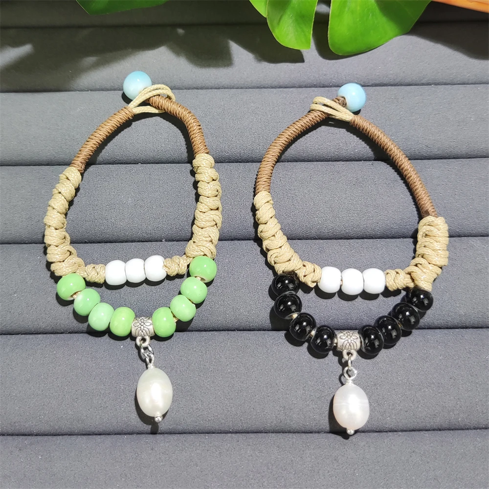 2024 New Arrivals Handmade Woven Leather Rope Bracelet Ceramic Beaded Freshwater Pearl Charms Double Layer Bracelet For Women