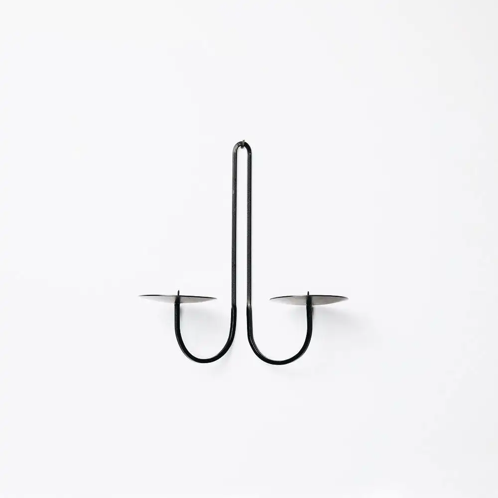 Oniya Modern Black Wall Mount Wrought Iron Double Arm Candle Holder For Home or Wedding