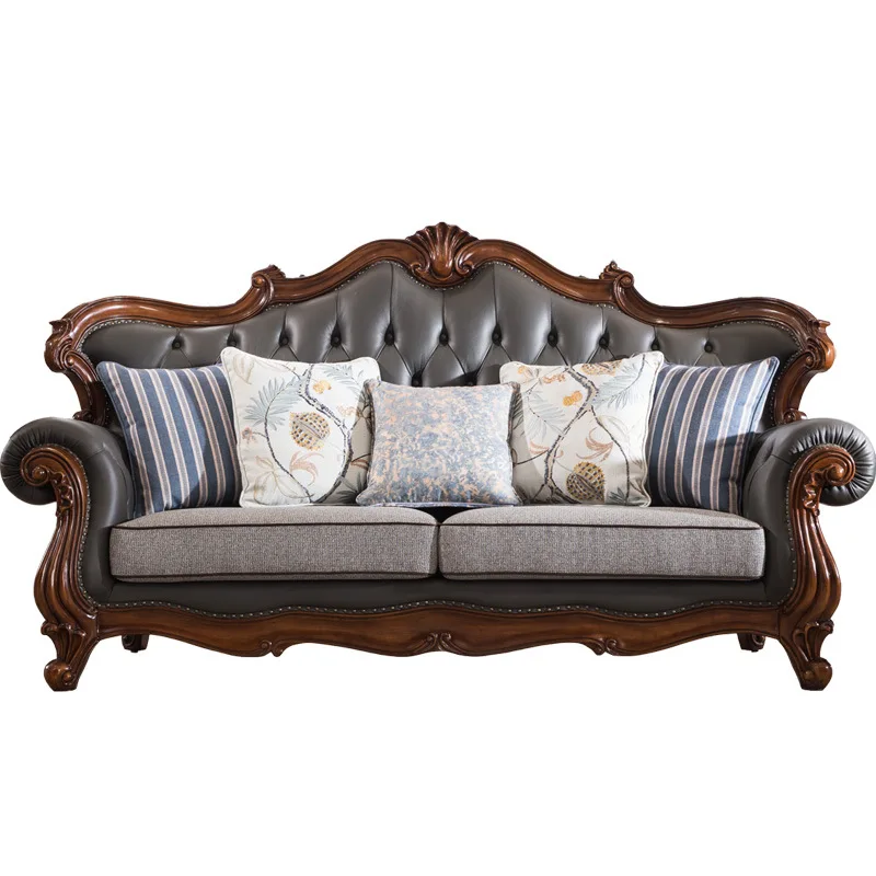 American Luxury Living Room Furniture Wooden Carving Furniture  Leather Sofa