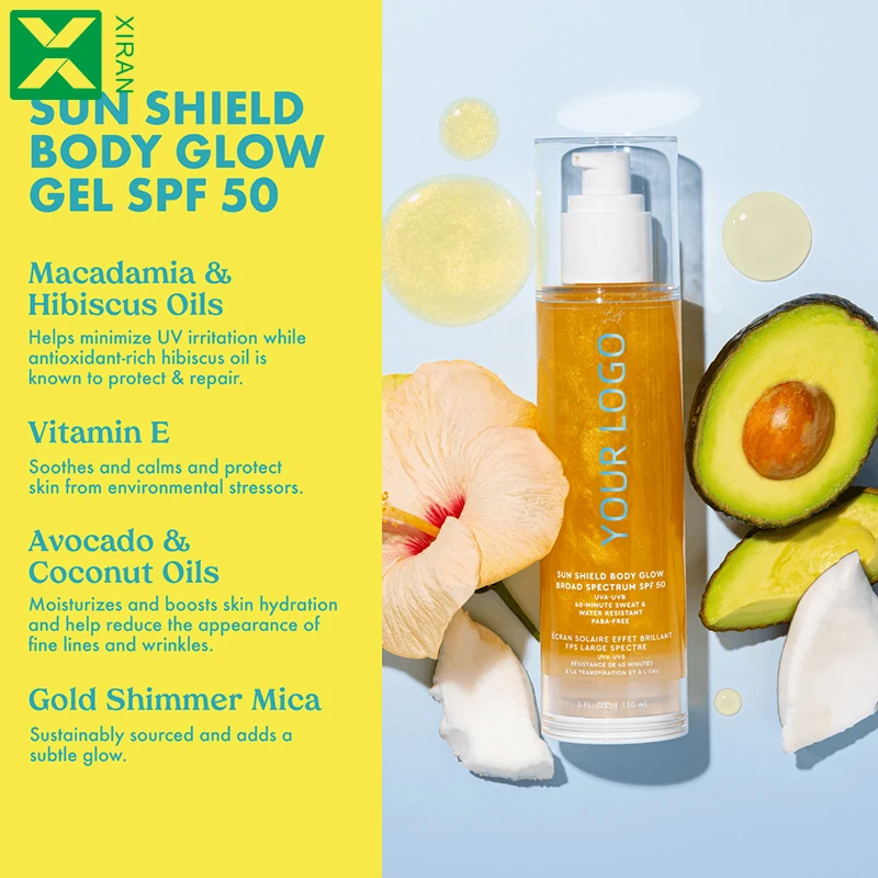 Private Label Liquid Waterproof Face Body Glow Oil with SPF 50 Broad Spectrum Sunscreen