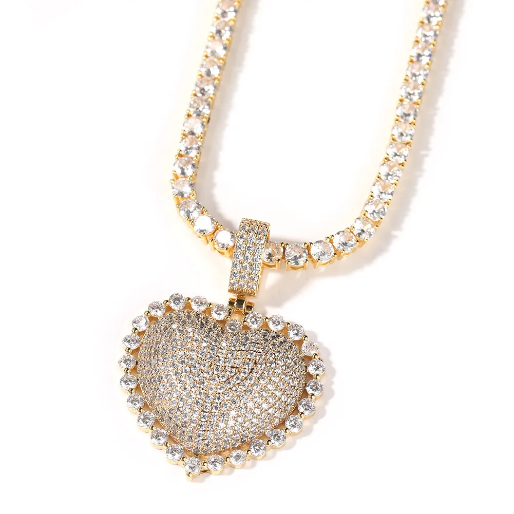 2023 new arrival jewellry18k gold pink heart shaped white gold iced tennis heart charm necklace pendants