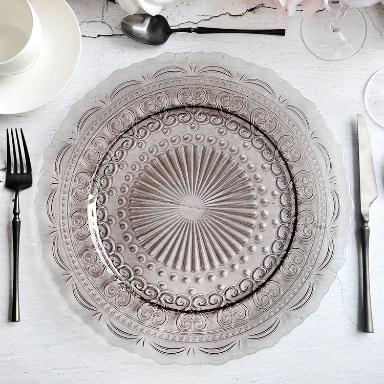 Custom 13 Inch Vintage Embossed Gray Glass Wedding Lace Charger Plates Wholesale