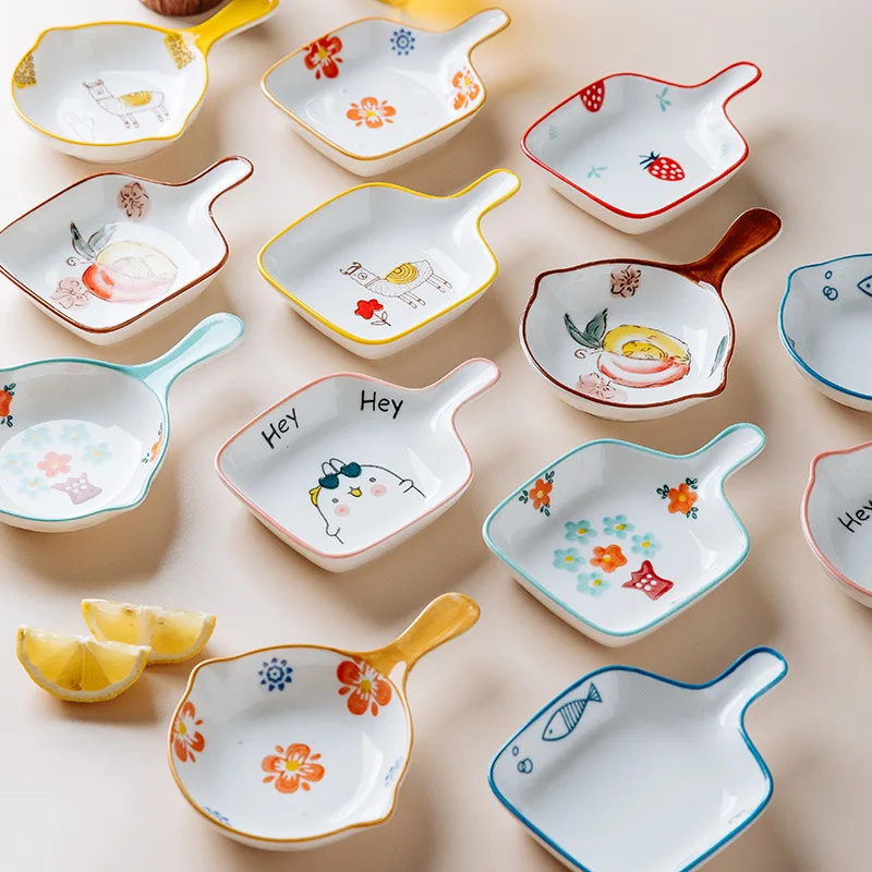 Custom Cute Style Household Breakfast Dessert Durable Glazed Porcelain Ceramic Plate with Handle