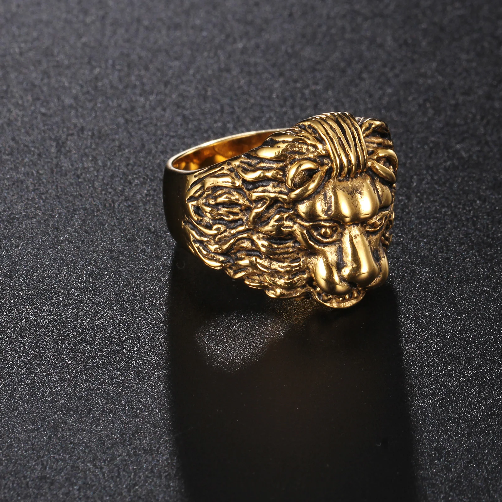 Stylish Plated 18K Gold Biker Finger Lion Head Ring, Wholesale Stainless Steel Lion Head Men Ring#