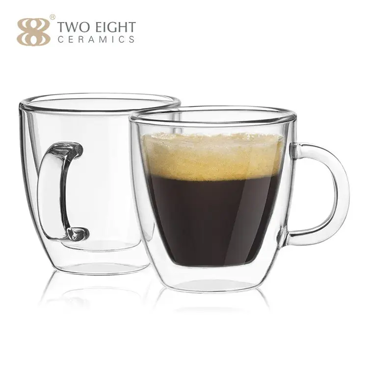 Amazon 250ml 350ml customized Glass double wall mugs glass coffee glasses double wall glasses double glass cup with handle