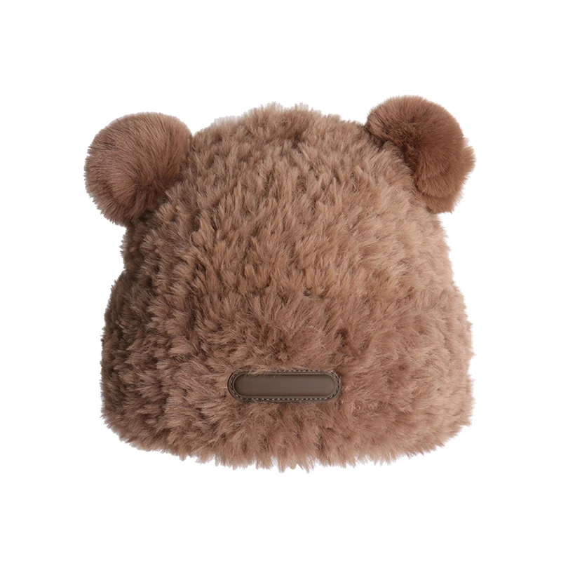 New Fashion Winter Warm Bear Ear Thick Cute Double Pom Plush Woolen Women Pullover Knitted Hat