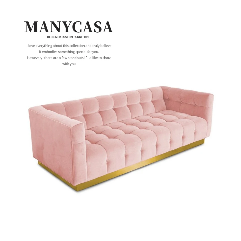 Light Luxury Pink Velvet Fabric Lounge Tufted Sofa Gold Stainless Steel Base Settee Couch For Hotel/Home Furniture