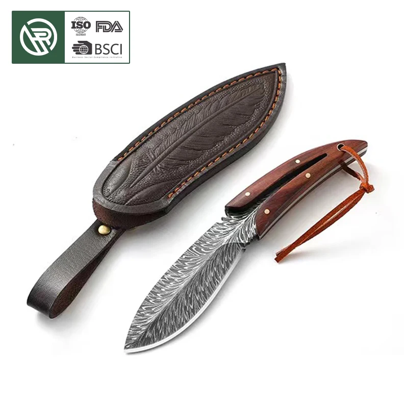 Free Sample Feather Damascus Laser 5cr13 Steel Blade Fixed Blade Camping Hunting All Tang Knife Ebony Handle Leather Bag Knife