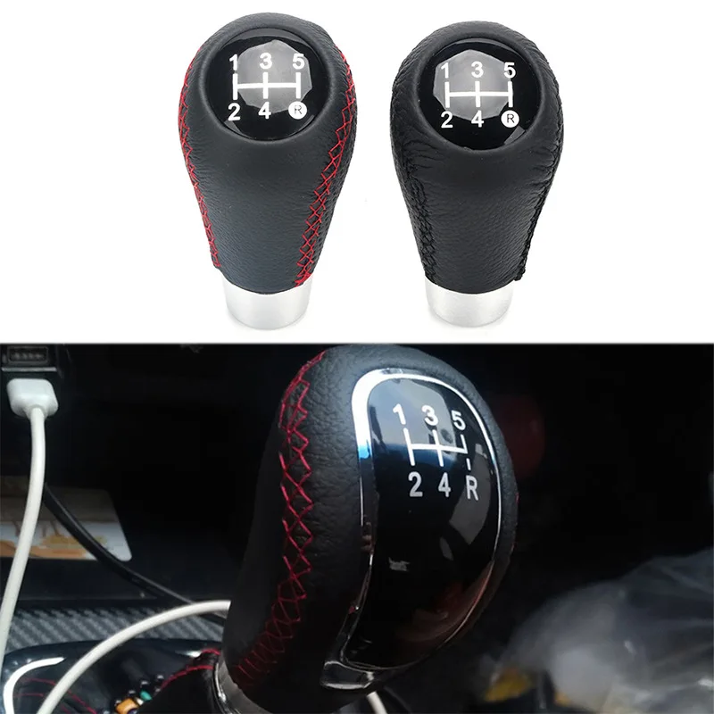5 Speed Shift Handle Black Leather Red Line Real Leather Car Gear Shift Knob