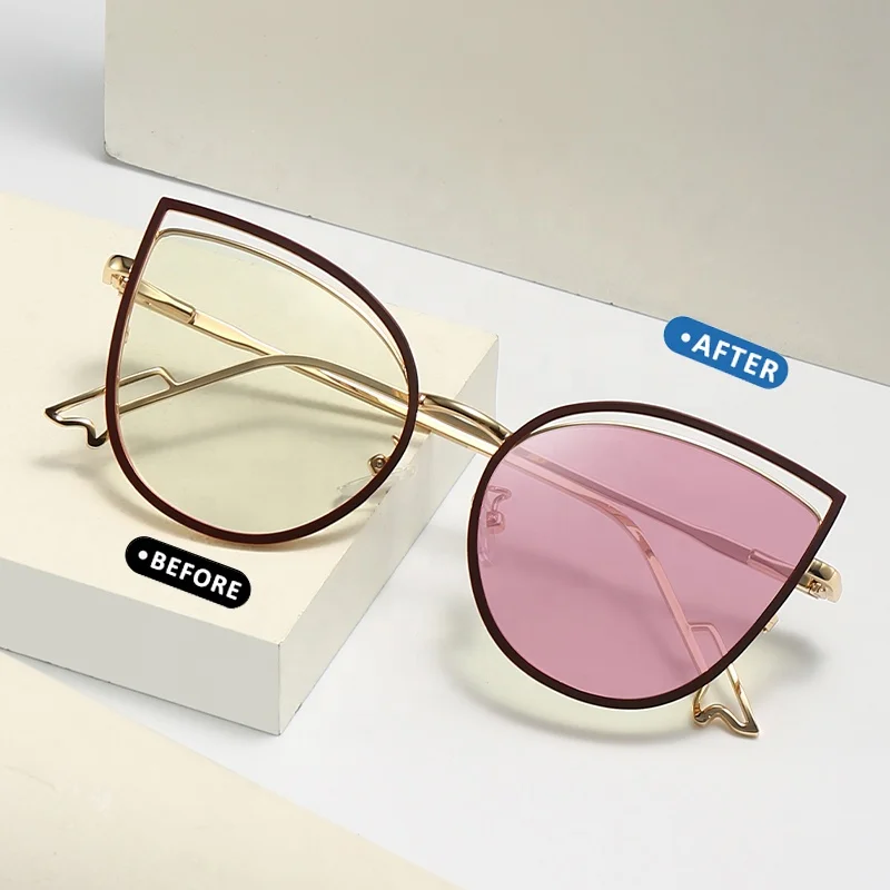 2022 New Ready Goods Logo Fashion Women Wholesale Photochromic Anti Blue Light Frames Sun Glasses Eyewear Sunglasses 9701B