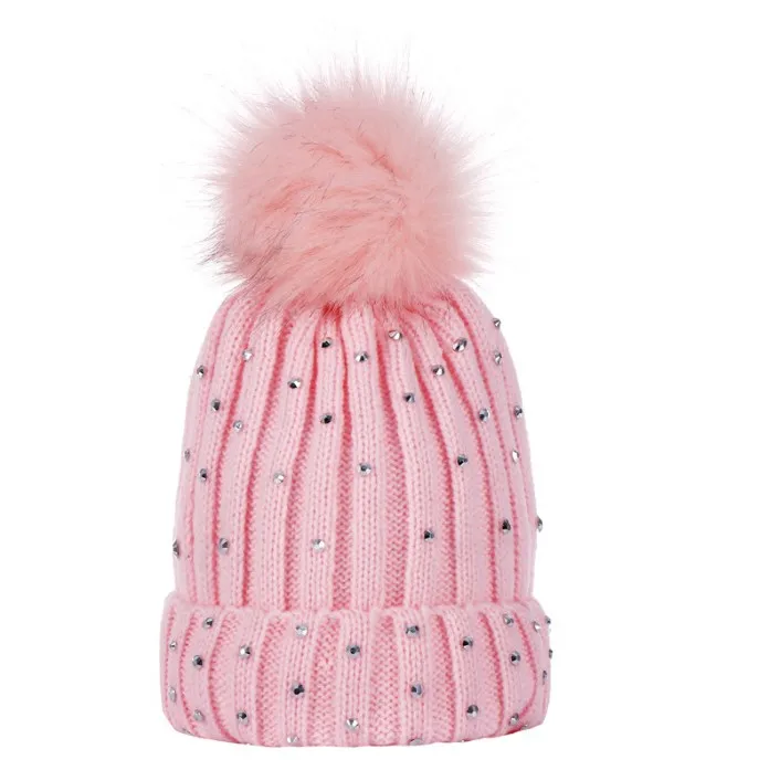 New design children big pompom ball wool winter hat rhinestone wholesale fashion knit baby kids diamond hats