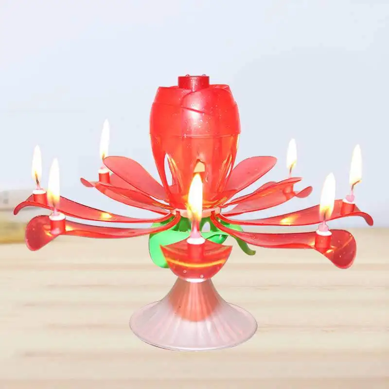 Unique Smokeless Beautiful Round Lotus Flower Music Candles Wholesale Rotating Party Rose Shape Music Birthday Candle