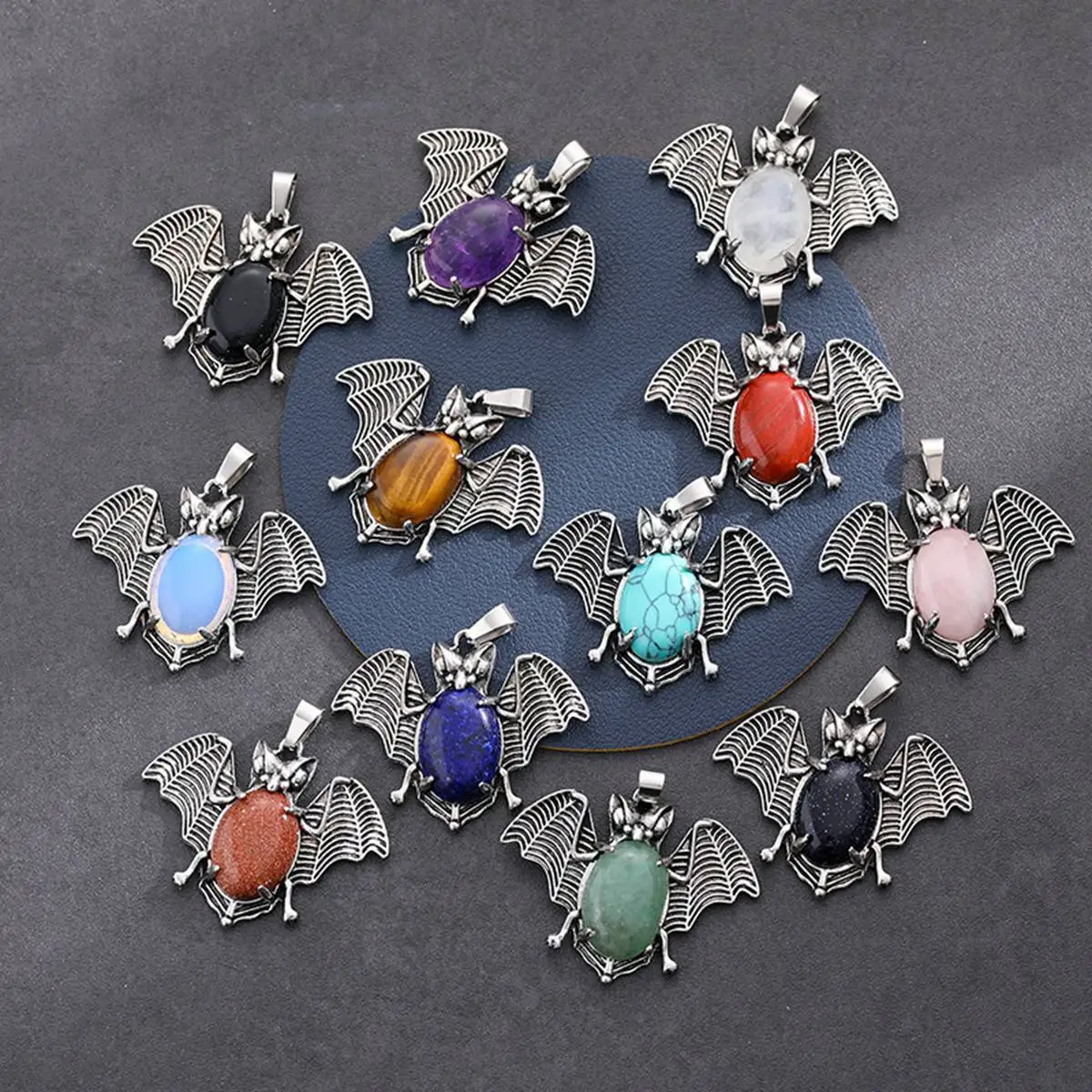 38X42MM Opalite Crystal Bat Shaped Retro Silver Pendant Can Be DIY Jewelry Production Jewelry Wholesale