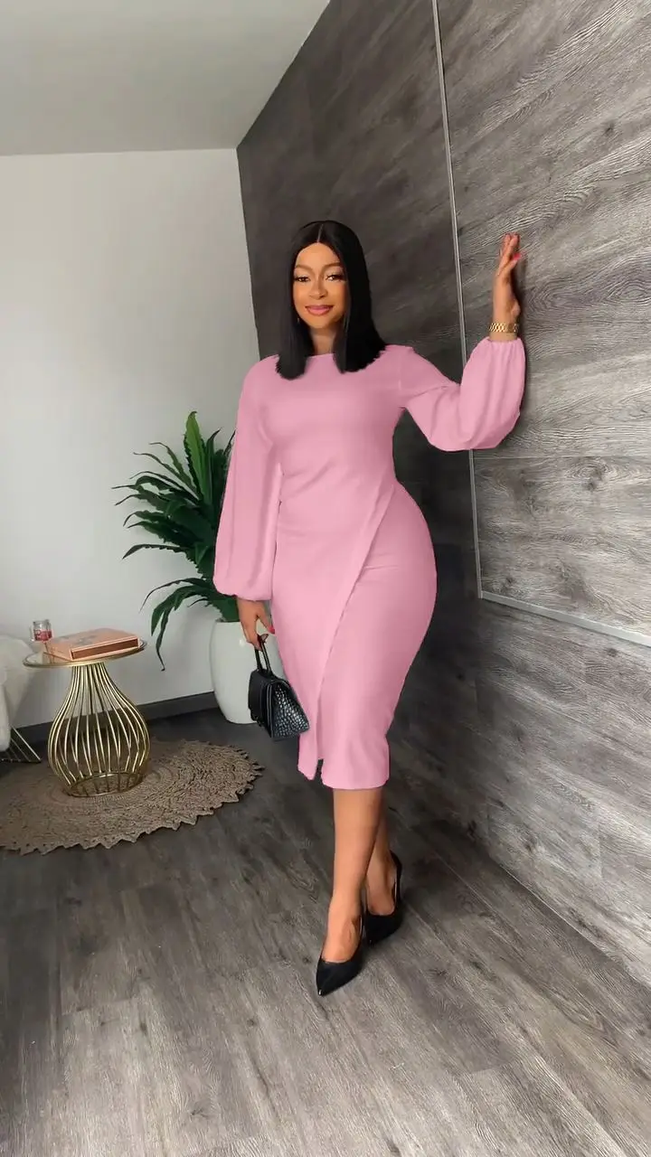 BNS 2023 New Arrival Women Modest Work Career Dresses Round Neck Puff Sleeve Slim Midi Dress Elegant Dress Ladies Office Wear