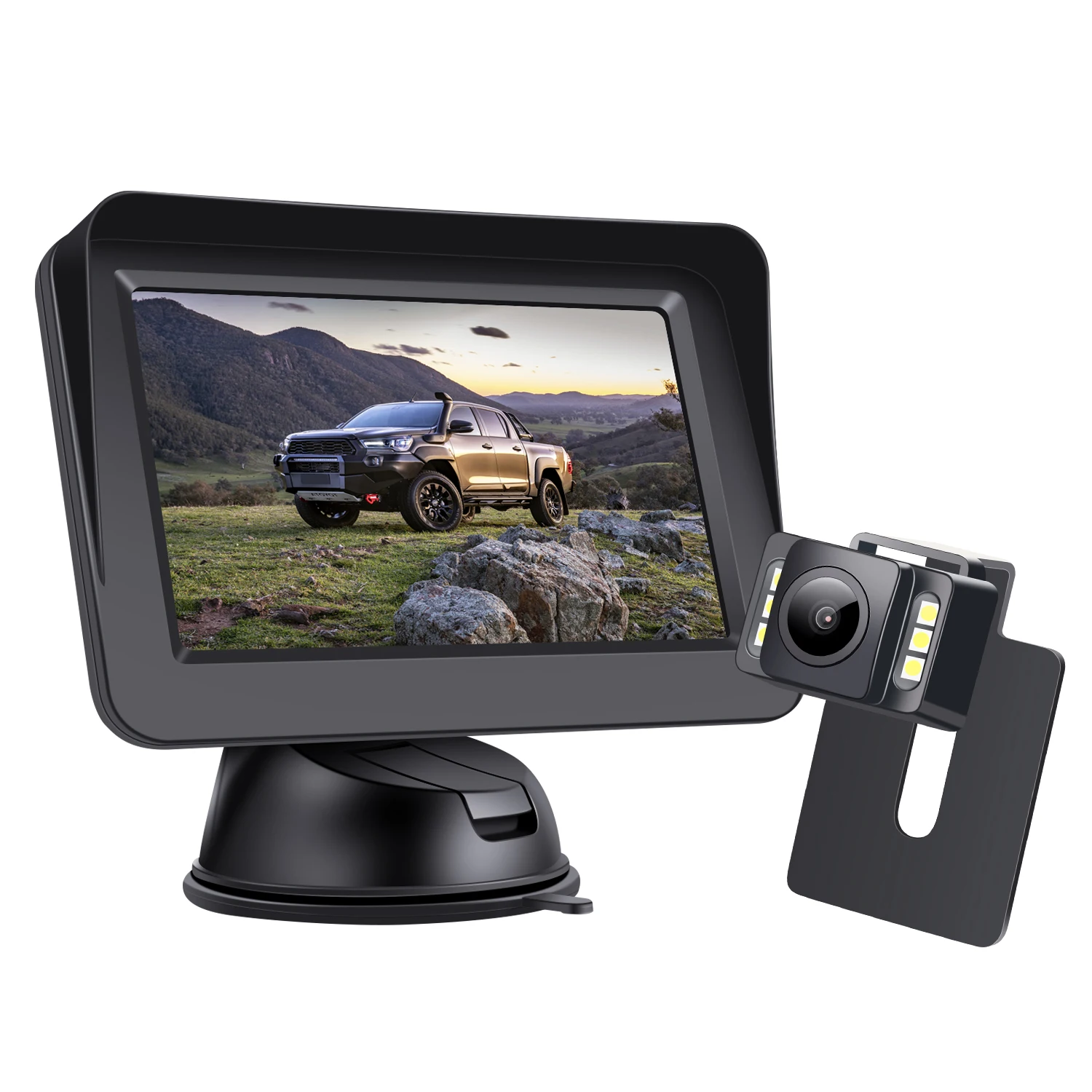 
6 LED Lights Super Night Vision with Guideline Parking Assist Rear View Camera Dashboard 4.3 Inch Screen Monitor and Camera Kit 